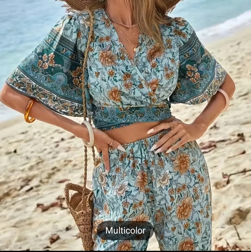 Boho Two Piece Set Blue Teal Floral Wide-Leg Pant Wrap Top - Picture 3 of 5